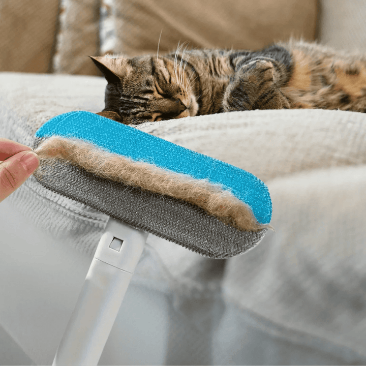 Reusable pet hair removal brush with easy-grip handle, perfect for cleaning pet hair from fabrics