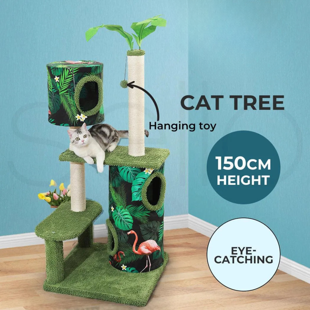Multi-level cactus cat scratcher with sisal posts and various platforms for feline play and climbing.