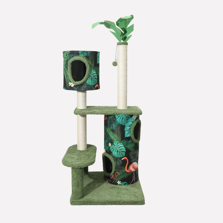 Green cactus design cat tree, a multi-level pet furniture for indoor cats, featuring durable sisal scratching posts.