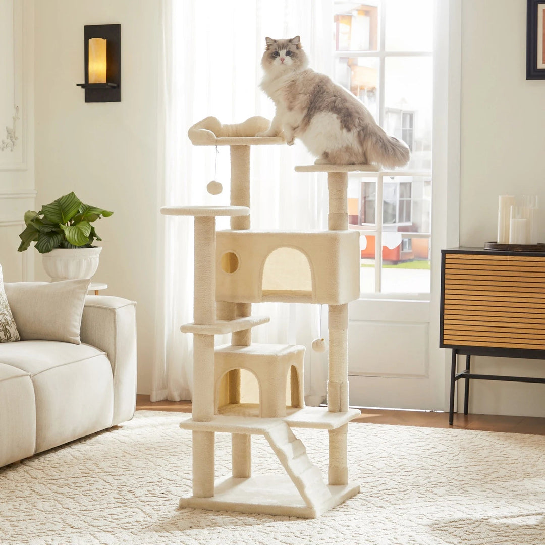 Unisex cat tree with sisal scratchers, furball toy, pet playhouse for feline activity