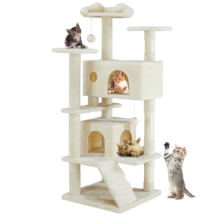 Indoor cat activity tower, multi-level design, sisal scratchers, cozy condo, 125cm tall