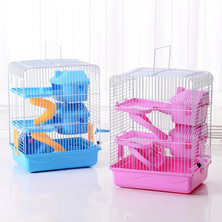 Multi-level rodent cage with shelves, ramp, and drinking bottle for small pets