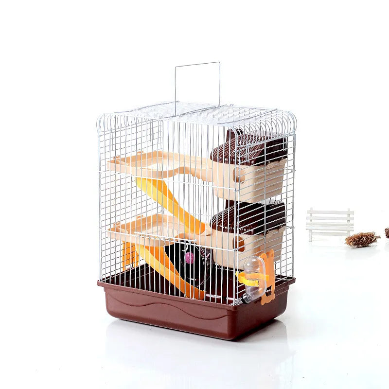 Compact hamster cage featuring multiple platforms and a water bottle for comfort