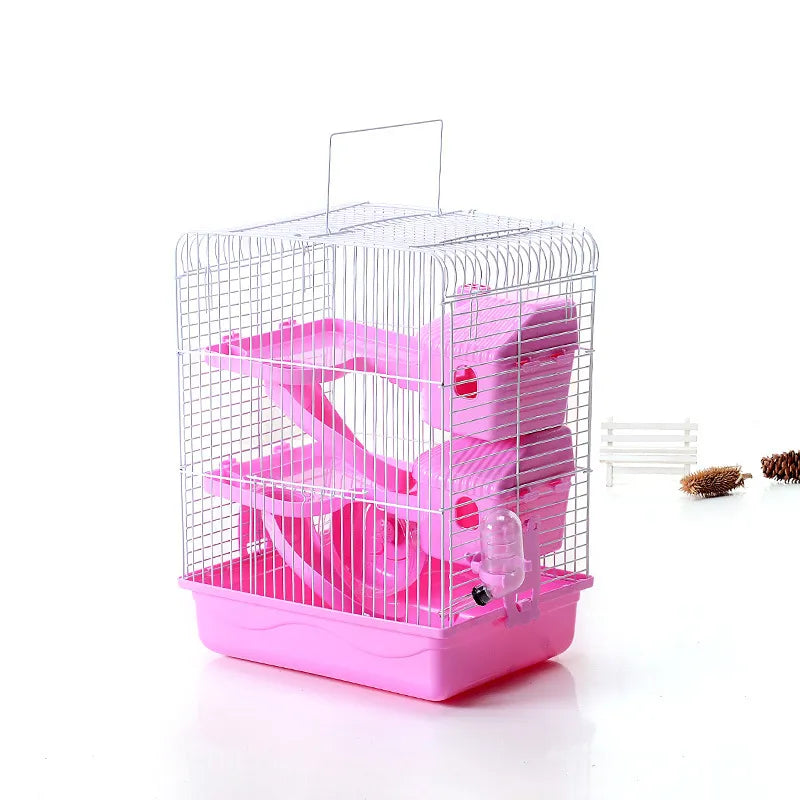 Rodent habitat with included drinking bottle and elevated shelves for hamsters