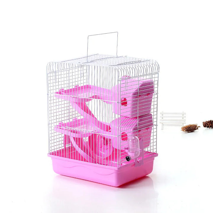Rodent habitat with included drinking bottle and elevated shelves for hamsters