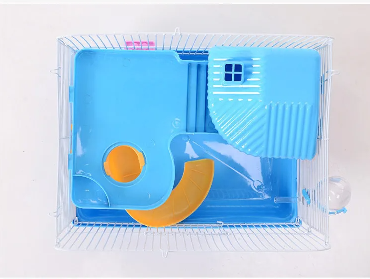 Hamster cage with spacious shelves and essential drinking bottle for pet comfort