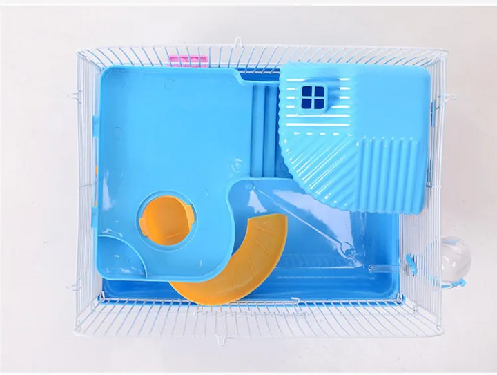 Hamster cage with spacious shelves and essential drinking bottle for pet comfort