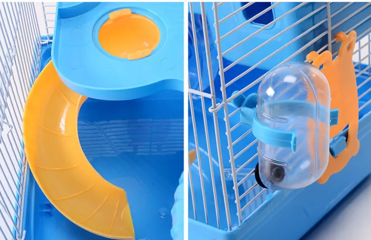 Rodent cage with drinking bottle, providing a multi-level habitat for small animals