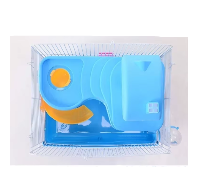 Pet supplies: multi-level hamster cage with shelves and an attached drinking bottle