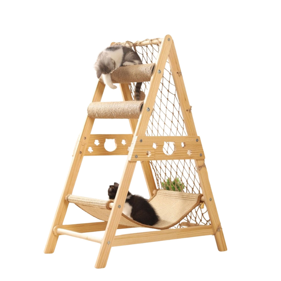 Multi-level wooden cat tower with durable sisal scratching post for climbing and play.