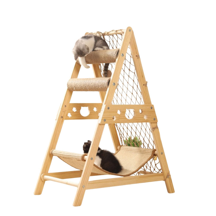 Multi-level wooden cat tower with durable sisal scratching post for climbing and play.