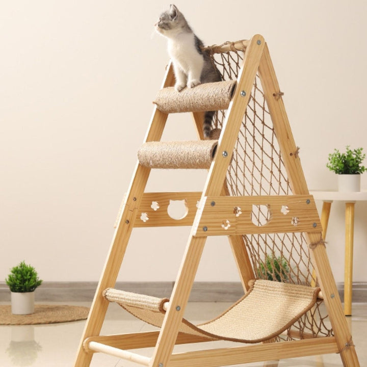 Natural wood cat tree featuring a sturdy sisal scratcher, ideal for cat climbing & exercise.