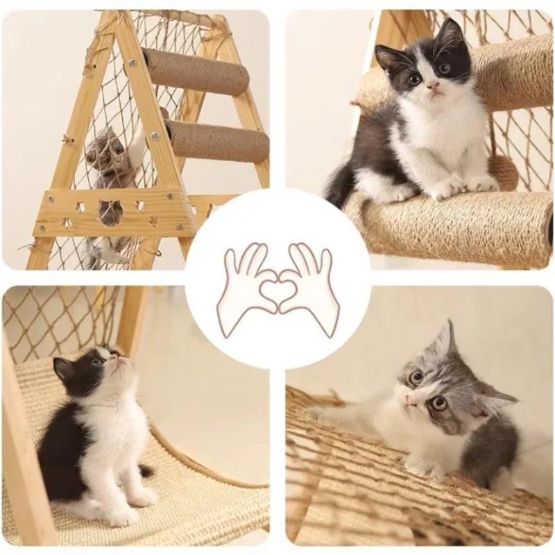 Cat tree tower in natural wood finish, includes a tough sisal scratching post for active cats.