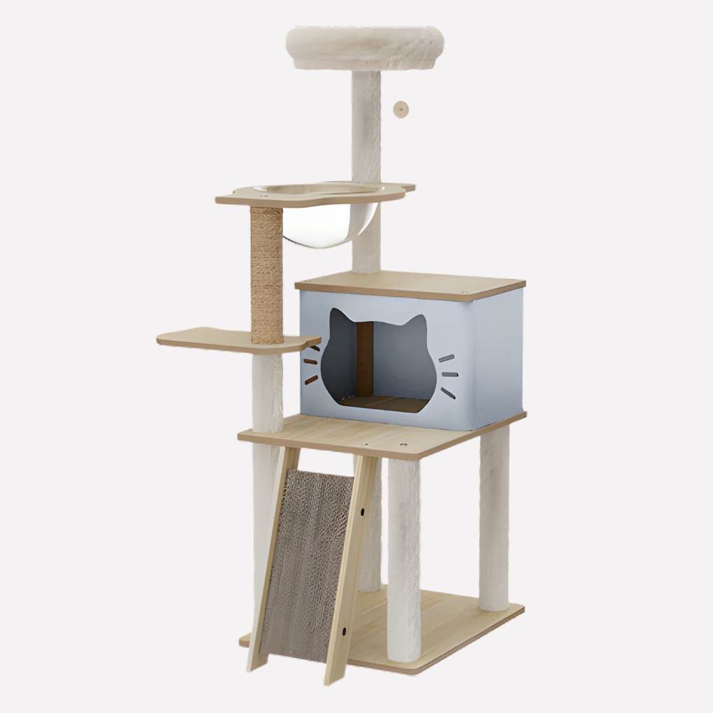 Multi-level wooden cat tree tower with scratching posts & cozy perches for active cats to play and rest