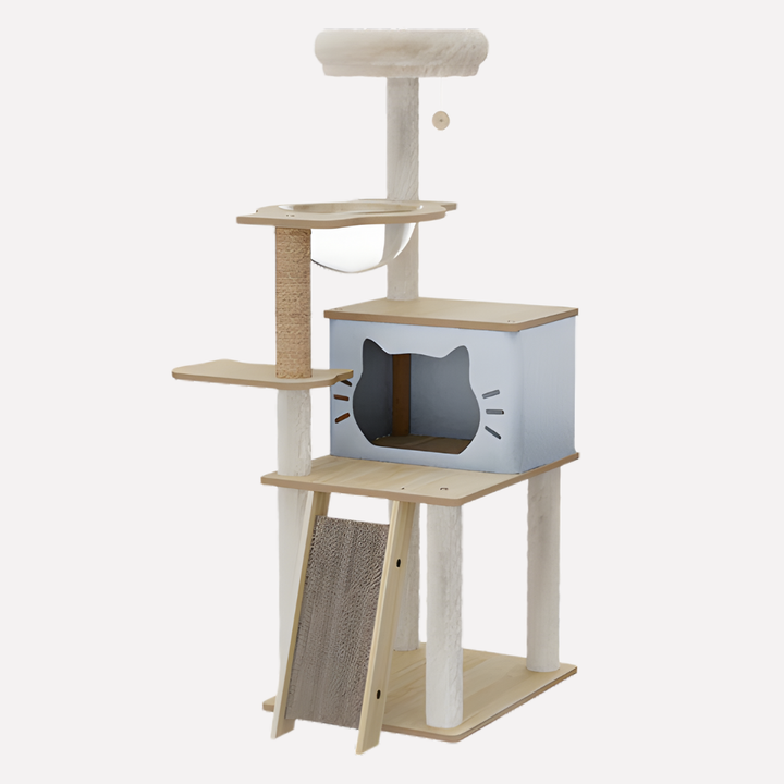 Multi-level wooden cat tree tower with scratching posts & cozy perches for active cats to play and rest