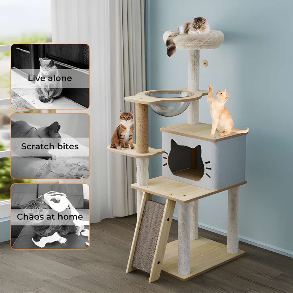 Modern wooden cat tower with various platforms, scratching surfaces, and soft beds for feline fun & relaxation
