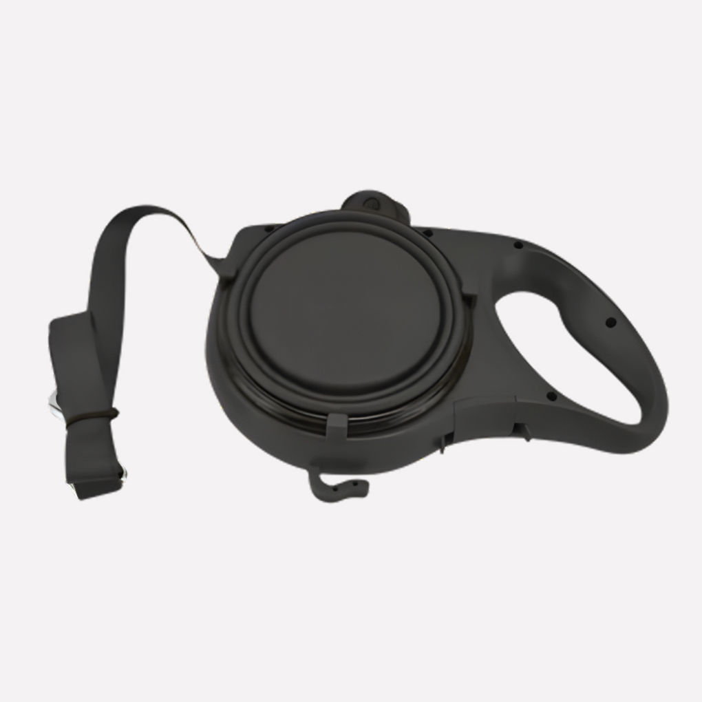 Multifunction dog leash with water bottle, waste bag holder & collapsible bowl for convenient walks.