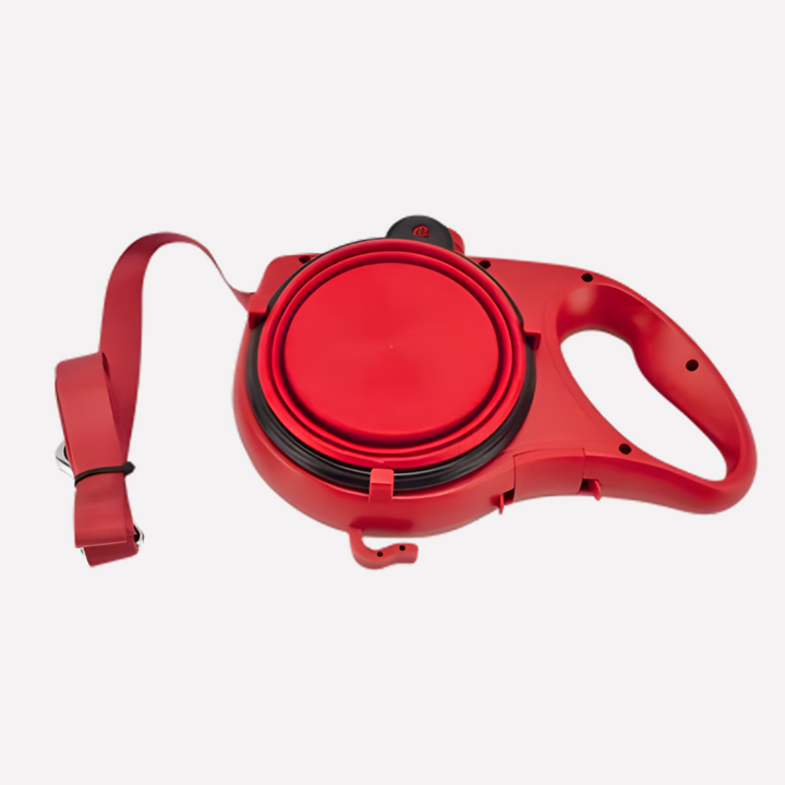 Unisex 3-in-1 pet accessory: dog leash, portable water dispenser & waste bag holder for outdoor use.