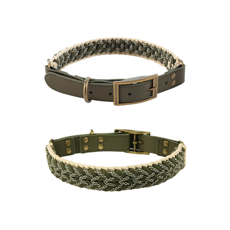 Hand-woven leather accents on durable hemp rope dog collar, an effective anti-pull pet accessory
