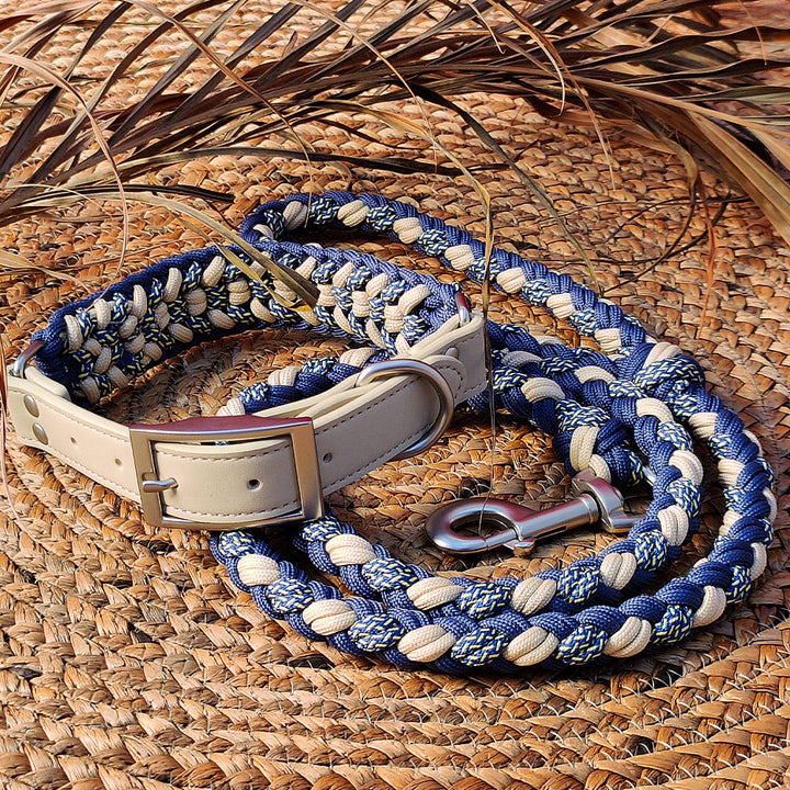 Anti-pull dog collar and matching leash displayed, high-quality leather and hemp rope design