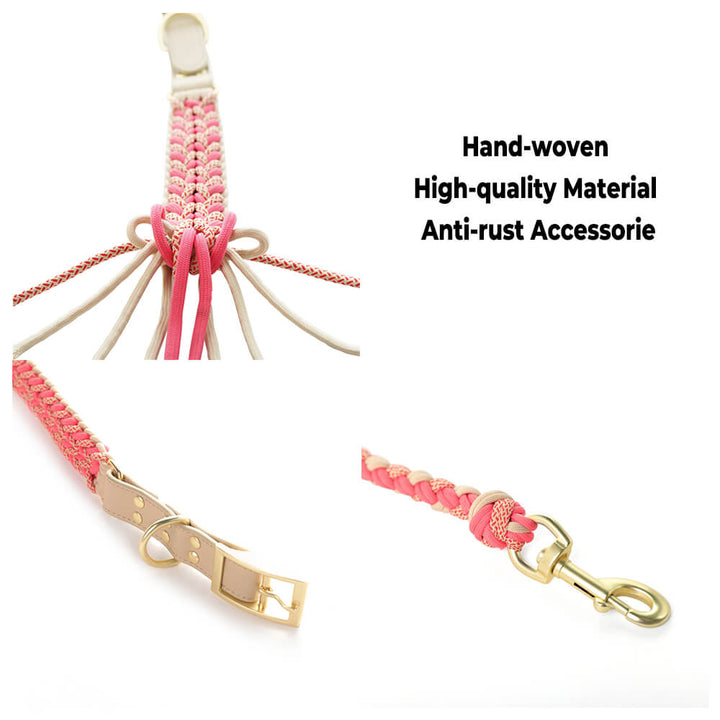 Ergonomic anti-pull dog collar with metal hardware, strong hand-woven leather & hemp for control