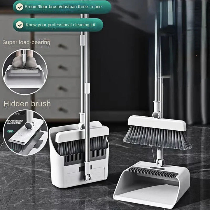 Multifunctional broom and dustpan set with scraper for efficient home cleaning on hard floors.