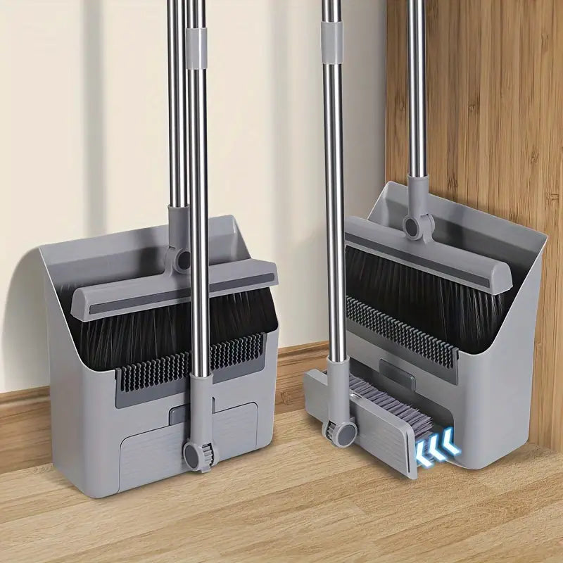 Heavy-duty home cleaning broom and dustpan with integrated scraper for comprehensive floor care.