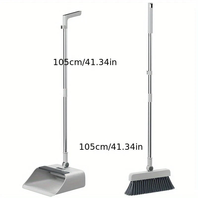 Space-saving broom and dustpan combo, ideal for pet hair removal and household cleaning tasks.