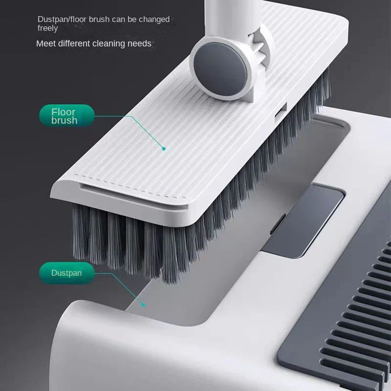 Broom and dustpan set with built-in comb and scraper, perfect for versatile floor cleaning.