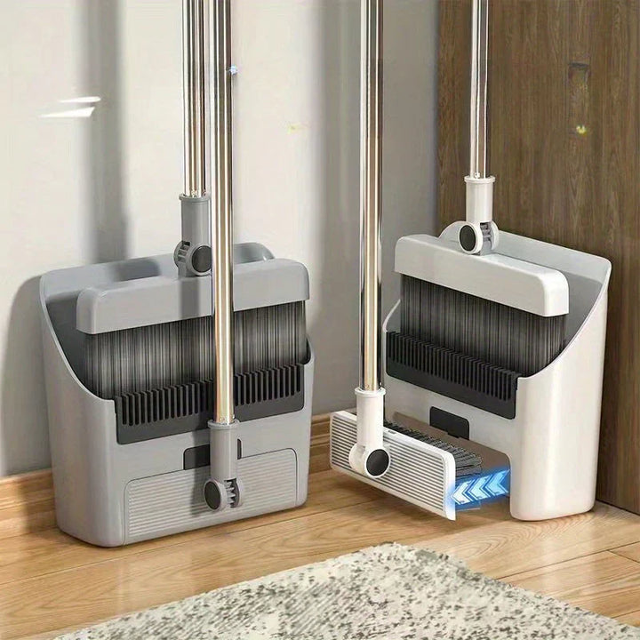 Modern cleaning broom and dustpan featuring a scraper to easily remove stuck-on debris.