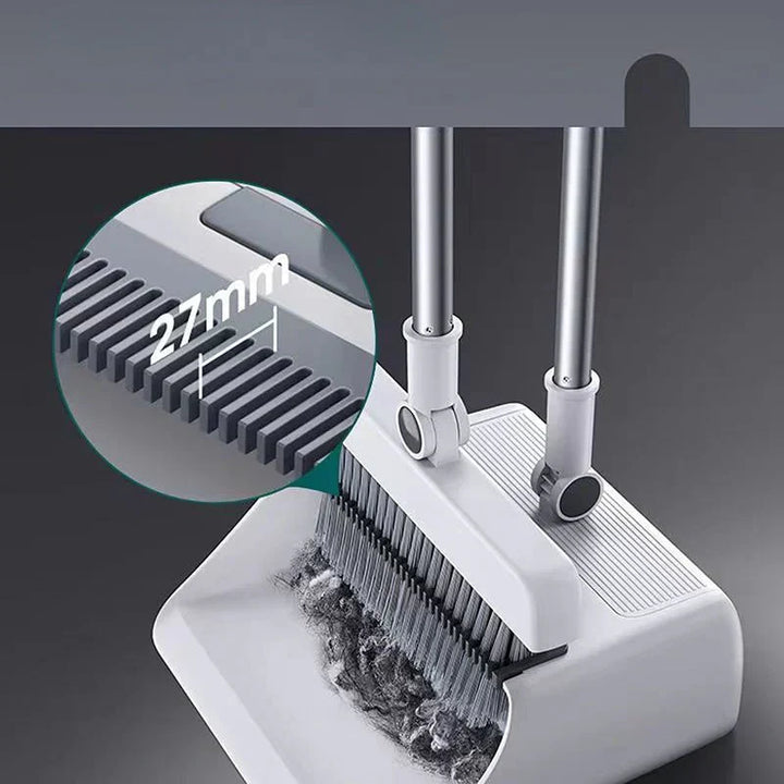 Ergonomic broom and dustpan set for seamless floor sweeping and pet hair collection.
