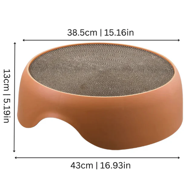 An empty cat bed with a visible scratching post and soft cushion, awaiting its feline occupant for comfort and play