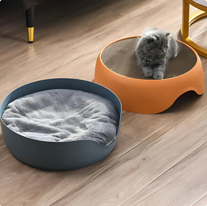 Cozy cat bed featuring a woven scratching post base and a soft, inviting top cushion for rest and play