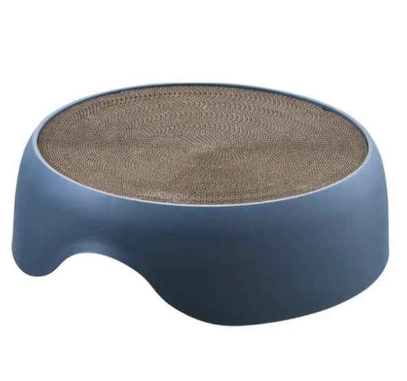 Detailed view of a multifunctional cat bed, highlighting its sturdy scratching material and soft, padded cushion