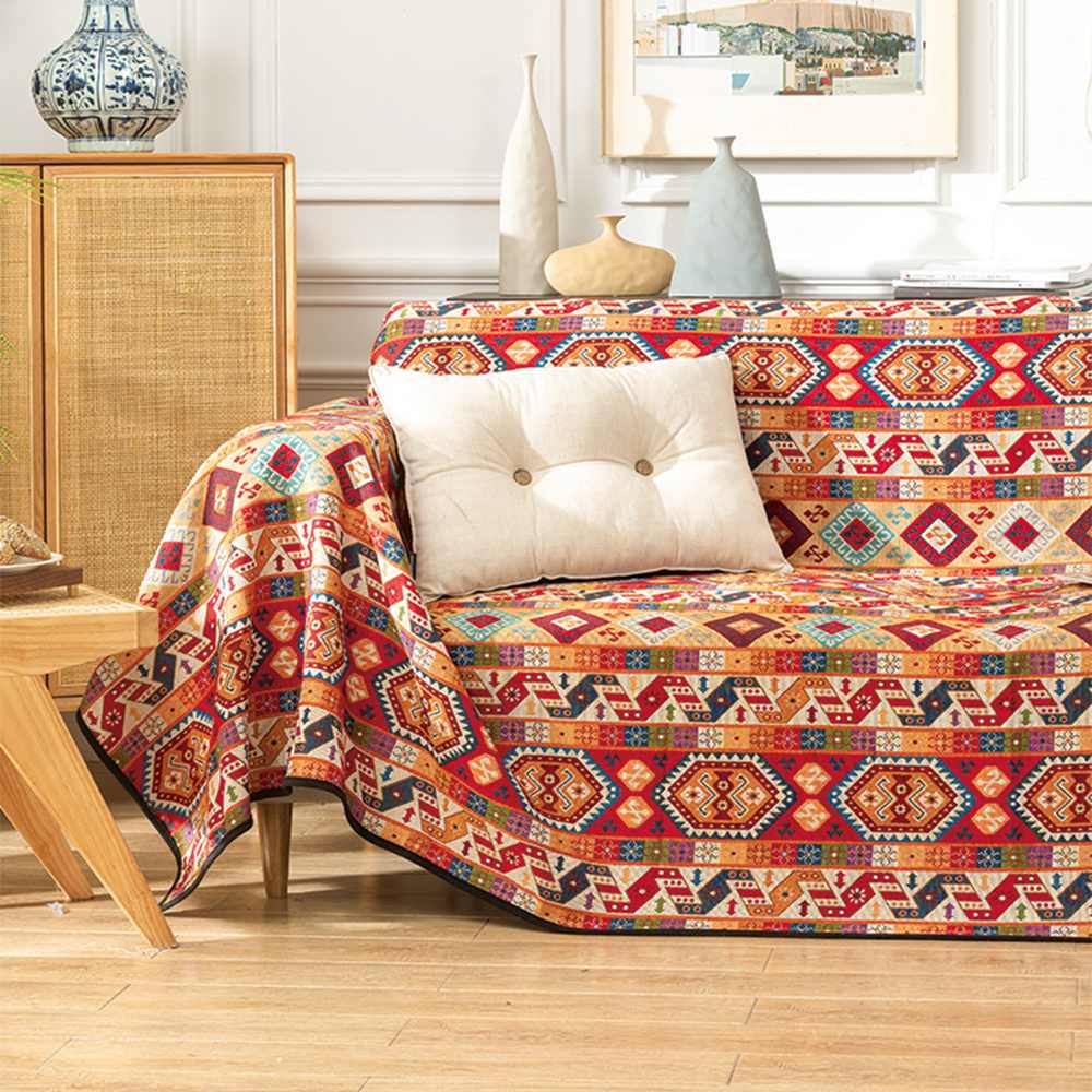 Elegant jacquard throw blanket, ideal as a bedroom or living room couch cover, boho decorator style.