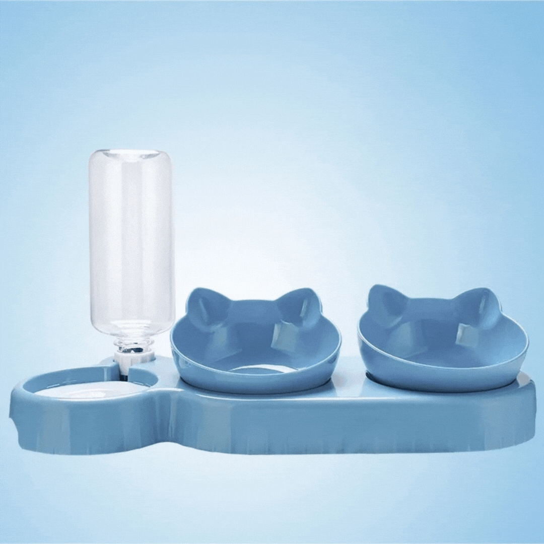 Cat food dish with non-slip base, triple sections for complete pet meals