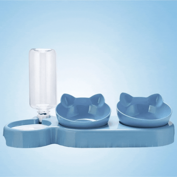 Cat food dish with non-slip base, triple sections for complete pet meals