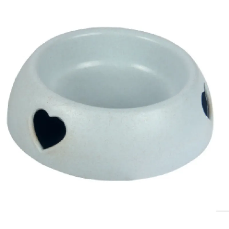 Sustainable natural material pet bowl with carved heart detail, suitable for water or food.