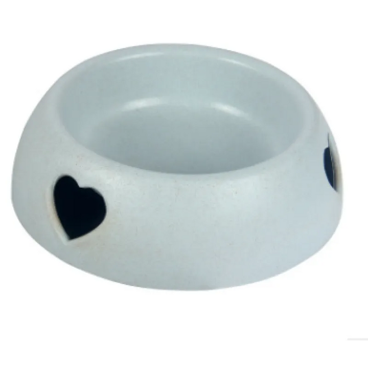 Sustainable natural material pet bowl with carved heart detail, suitable for water or food.