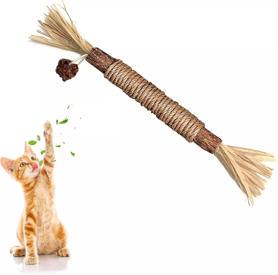 Packaging showing natural cat dental cleaning sticks, emphasizing oral health and pet dental care