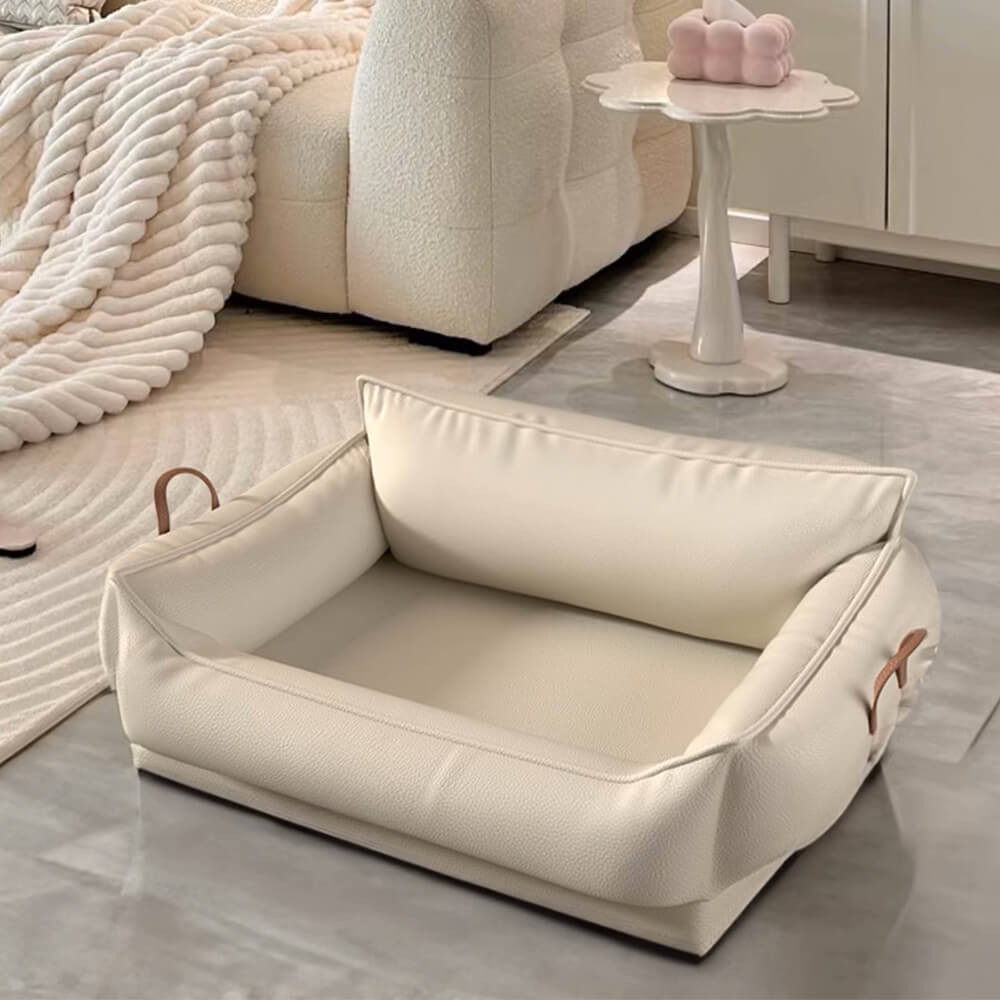 Pet sofa bed with natural latex fill, showcasing its orthopedic support and plush design for dogs and cats.