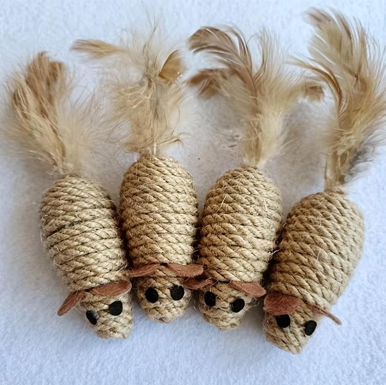 Natural sisal fish cat toy with real feathers, perfect for satisfying natural hunting instincts.