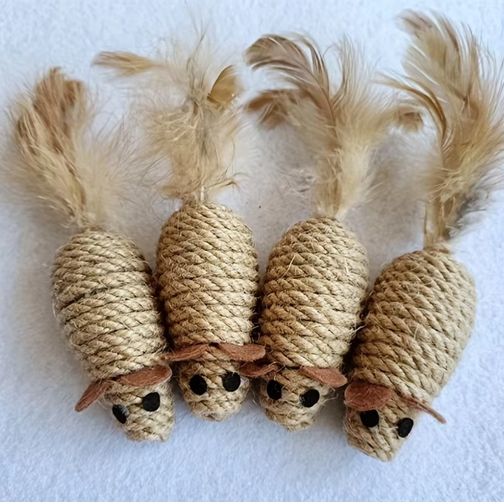 Natural sisal fish cat toy with real feathers, perfect for satisfying natural hunting instincts.