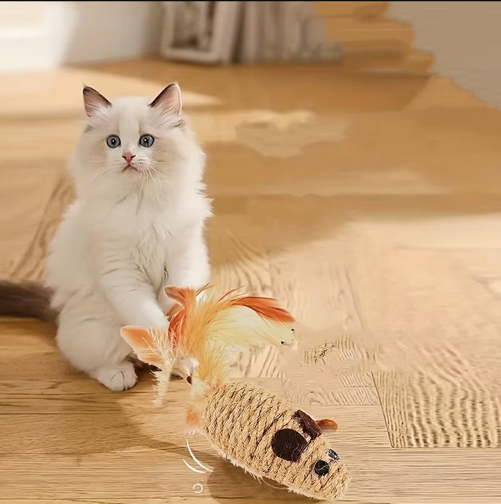 Interactive fish-shaped sisal cat toy with colorful feathers for pet enrichment and play.