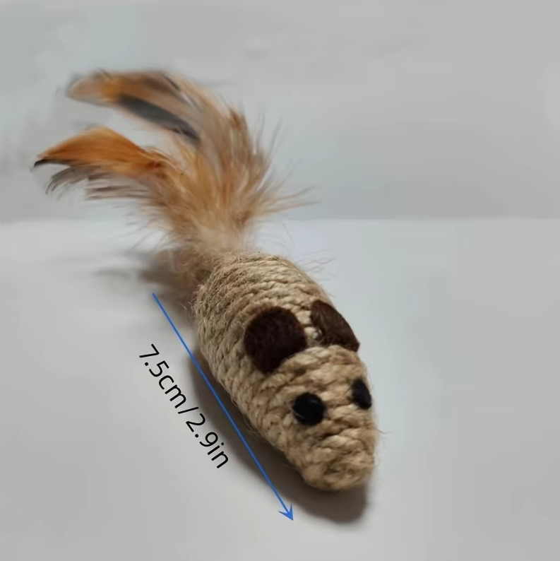Durable sisal and feather cat toy in a fish design, ideal for active cats and pet supplies.