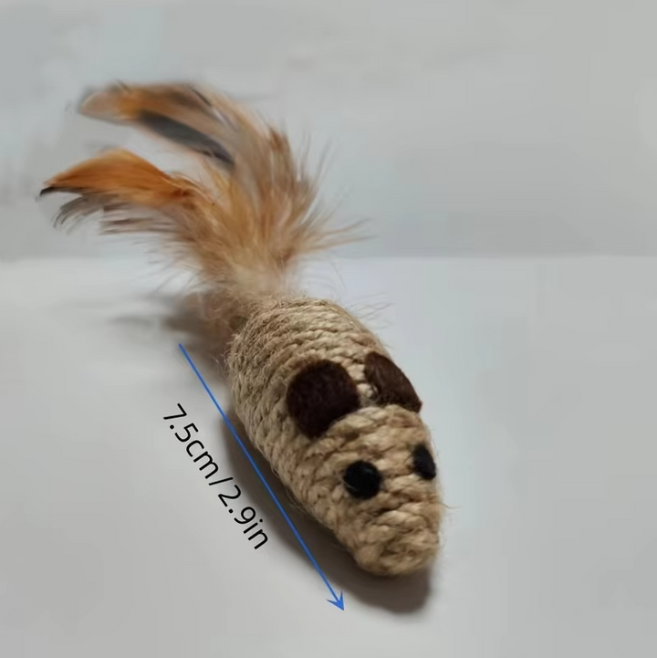 Durable sisal and feather cat toy in a fish design, ideal for active cats and pet supplies.
