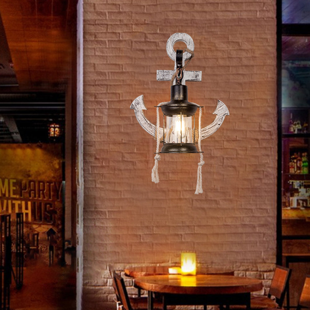 Decorative LED Anchor Wall Sconce, nautical theme. Iron & rustic wood with ambient lantern glow for seaside decor.