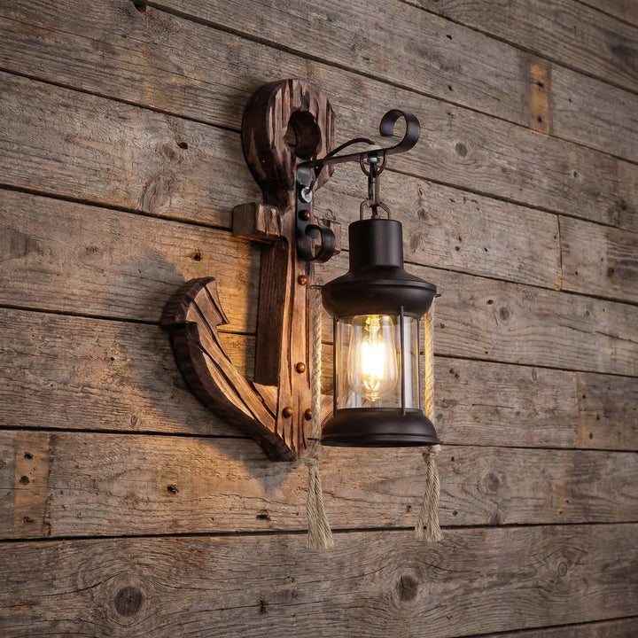 Rustic wood Anchor LED Wall Sconce. Iron accents, casts a soft lantern glow. Ideal nautical wall light for seaside homes.