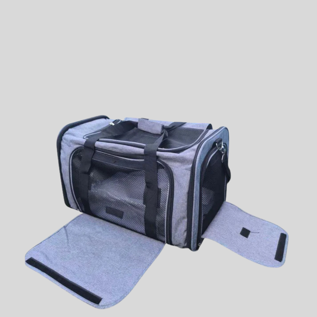 Navy blue pet travel carrier for small dogs and cats, airline approved, 50x32x32cm dimensions.
