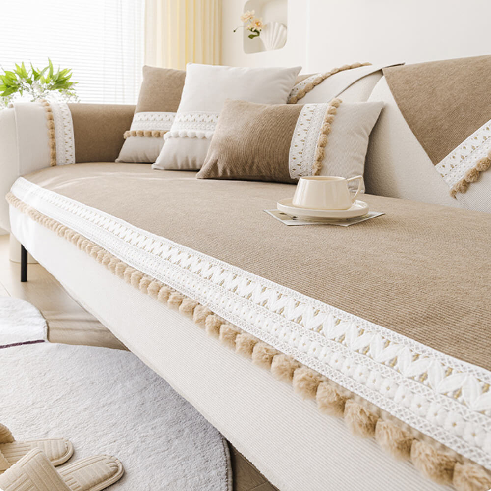 Brown corduroy sofa cover on a modern couch, showcasing its all-season and home decor appeal.